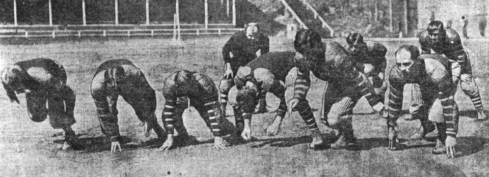 Vintage black and white newspaper quality photo of A Multnomah Athletic Club football practice in 1906.