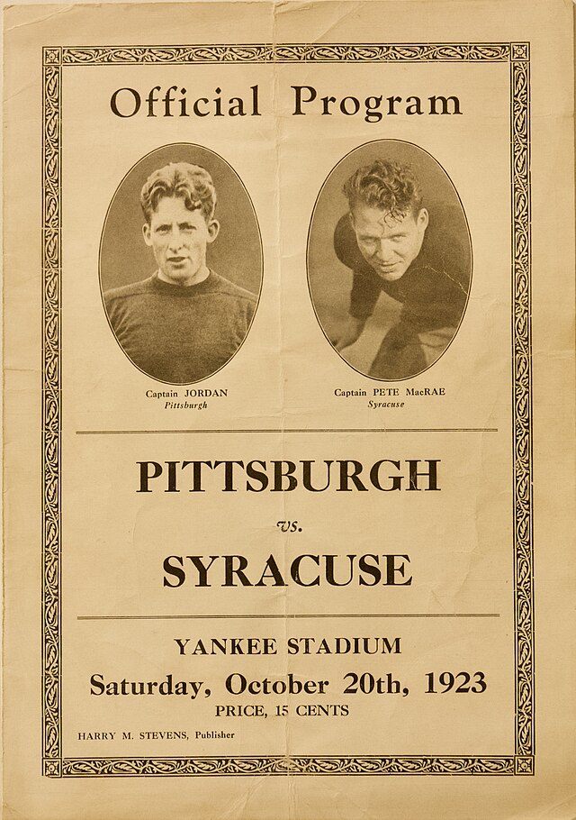 The program features a classic sepia-toned layout framed by a decorative floral border. At the top, two oval portraits showcase the opposing leaders: Captain Jordan of the University of Pittsburgh and Captain Pete MacRae of Syracuse University. The central text identifies the matchup as "PITTSBURGH vs. SYRACUSE" at Yankee Stadium, dated Saturday, October 20th, 1923. The price is noted as 15 cents, with Harry M. Stevens listed as the publisher.