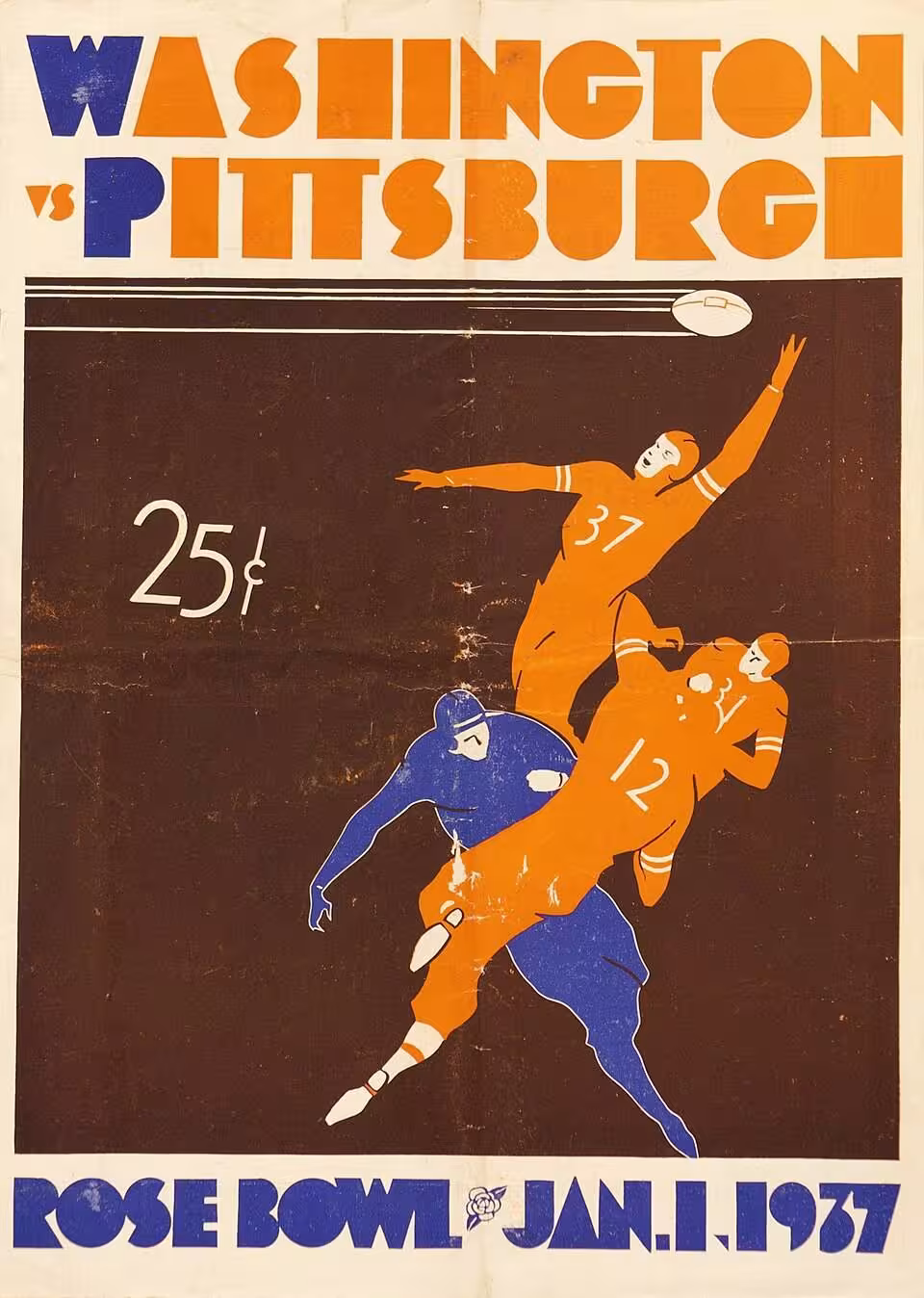 Color vintage program cover of the 1937 Rose Bowl with the image of game action done in water coor graphic
