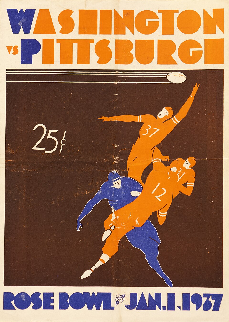 Color vintage program cover of the 1937 Rose Bowl with the image of game action done in water coor graphic