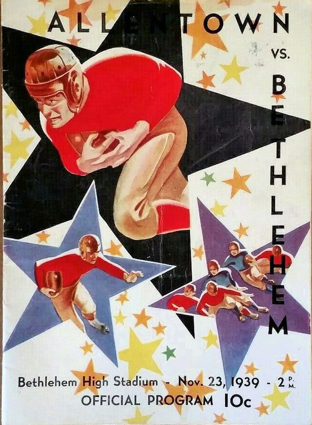 1939 Allentown vs. Bethlehem Thanksgiving Day program featuring star-themed sports illustration and classic leather-helmet era players.