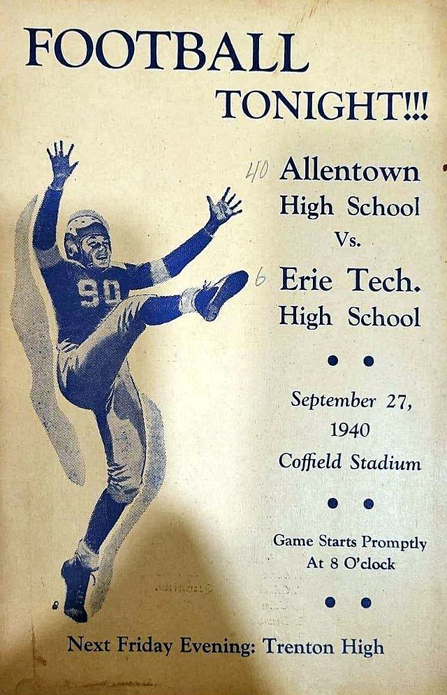 1940 Allentown vs. Erie Tech program cover featuring a blue-tinted kicker illustration and hand-written scores for a 40-6 Allentown victory at Coffield Stadium.