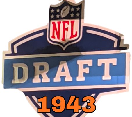 NFL Draft 1943 historical graphic. Features the modern NFL shield logo and bold blue-and-white 'DRAFT' banner with the year '1943' in orange text for historical football research and Pigskin Dispatch archives.