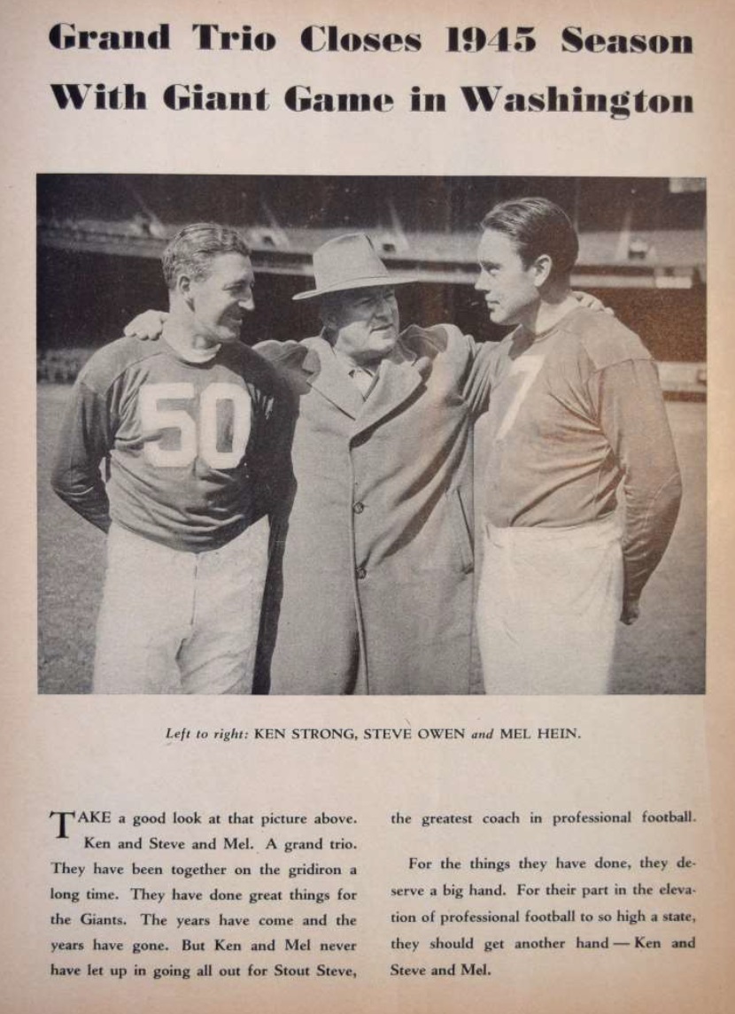 11945 image of Ken Strong, Coach Steve Owen, and Mel Hein, of the NY Giants.