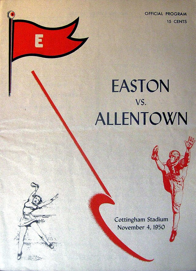 Mid-century 1950 Easton vs. Allentown program cover featuring a minimalist design, a red 'E' pennant, and action illustrations at Cottingham Stadium.