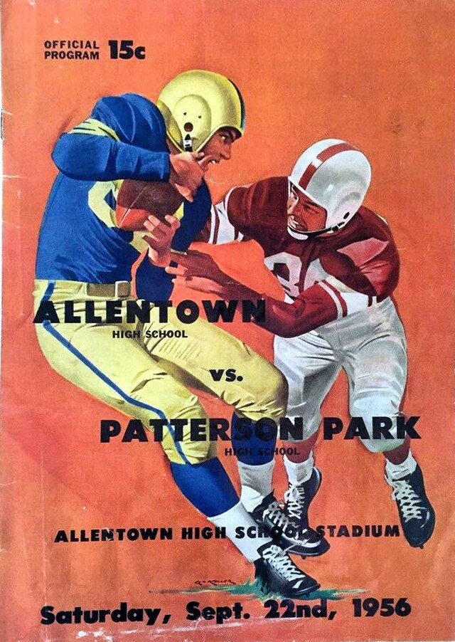 Vintage 1956 Allentown High School vs. Patterson Park High School football program cover. Illustrated action shot of a ball carrier in a blue and gold uniform being tackled by a defender in a maroon and white kit. Features 'Saturday, Sept. 22nd, 1956' date and 15-cent price for historical Pennsylvania scholastic sports research and Pigskin Dispatch archives