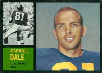 Vintage 1962 Topps Carroll Dale football card (#82). Features a color portrait of Los Angeles Rams end Carroll Dale in a blue and gold #81 jersey and a black-and-white action inset. A primary source for historical NFL championship research and Pigskin Dispatch archives.
