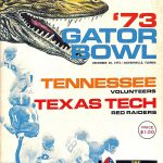 Vintage 1973 Gator Bowl Classic football program cover. Features a stylized green alligator head and lists Tennessee Volunteers vs. Texas Tech Red Raiders. Dated December 29, 1973, in Jacksonville, Florida. A primary source for Jim Carlen era research and Pigskin Dispatch archives.