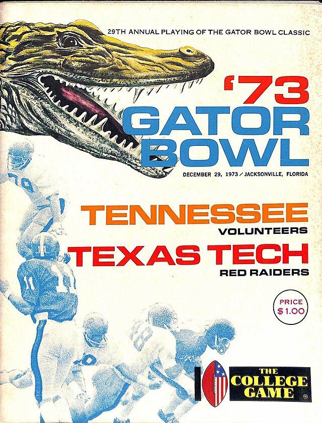 Vintage 1973 Gator Bowl Classic football program cover. Features a stylized green alligator head and lists Tennessee Volunteers vs. Texas Tech Red Raiders. Dated December 29, 1973, in Jacksonville, Florida. A primary source for Jim Carlen era research and Pigskin Dispatch archives.