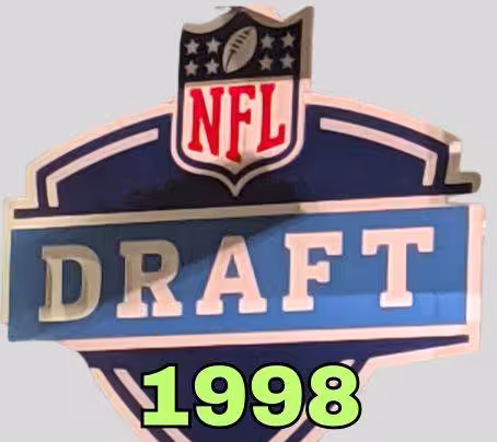 NFL Draft sign in color on a gray background with the year 1998 text across the bottom in bright green. Original cropped image was taken by Darin Hayes at AT&T Stadium in 2022.