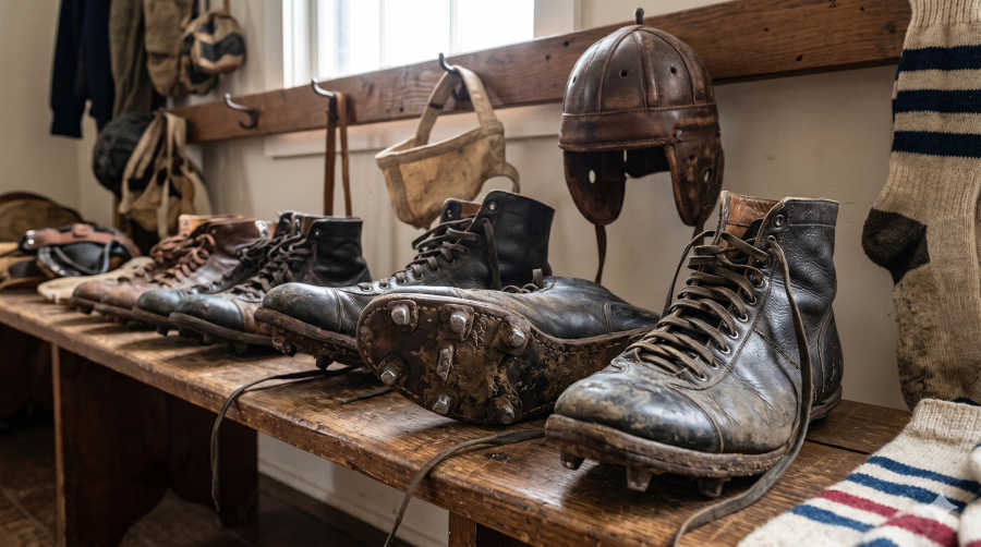 Vintage archival football equipment display. Row of antique high-top leather cleats with mud-caked soles, a classic leather 'Flat Top' helmet, and striped woolen socks on a wooden locker room bench. A primary source for 1920s football archaeology and Pigskin Dispatch research.