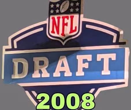 NFL Draft sign in color on a gray background with the year 2008 text across the bottom in bright green. The original cropped image was taken by Darin Hayes at AT&T Stadium in 2022.