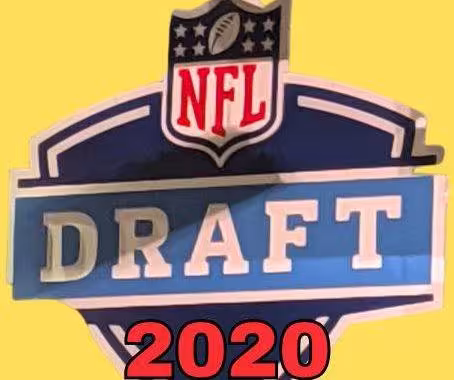 NFL Draft sign in color on a yellow background with the year 2020 text across the bottom in bright red. The Original cropped image was taken by Darin Hayes at AT&T Stadium in 2022.