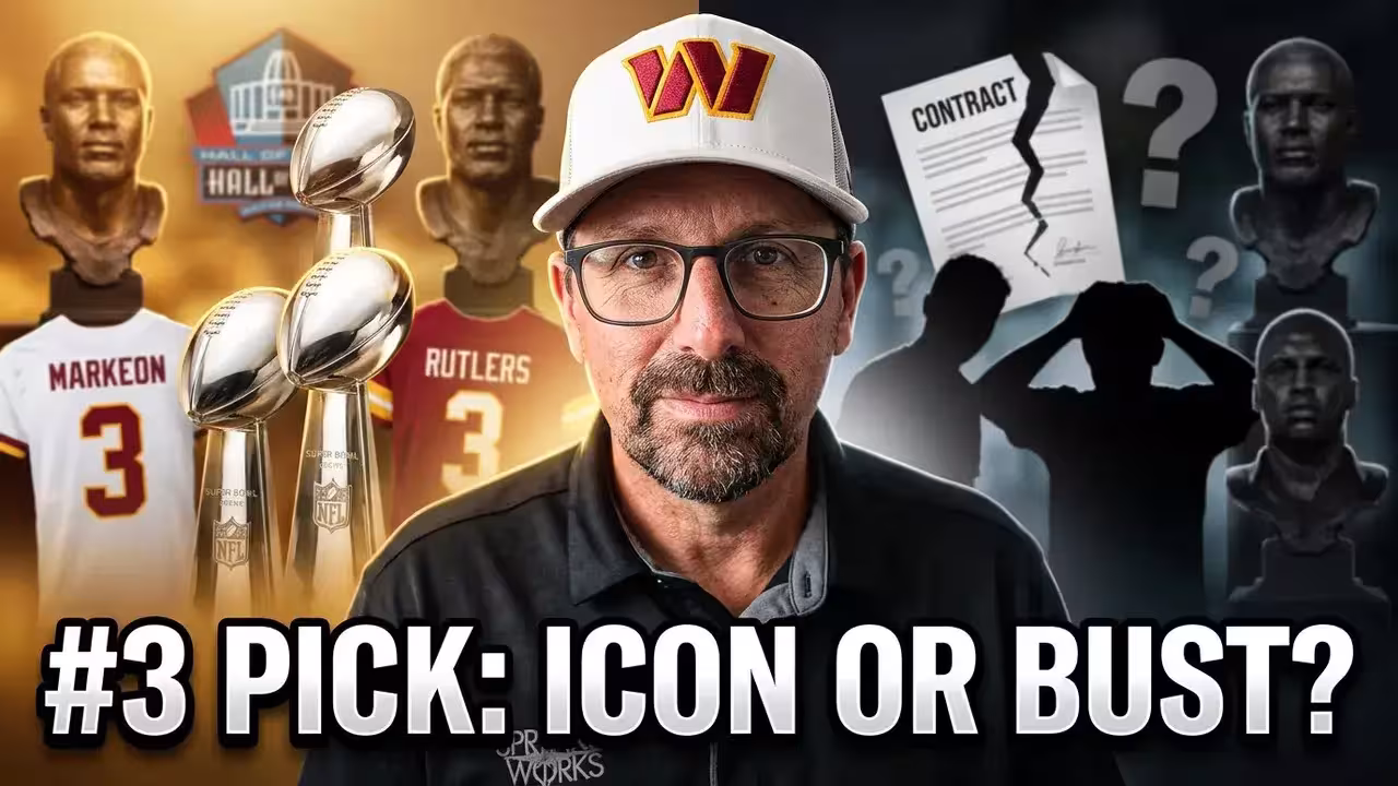 NFL Draft #3 Pick: Icon or Bust? video thumbnail for Pigskin Dispatch. Features guest Ed Kleese in a Washington Commanders hat with a split-screen background of Pro Football Hall of Fame busts and torn player contracts. Professional media design for historical draft analysis and NFL scouting research.