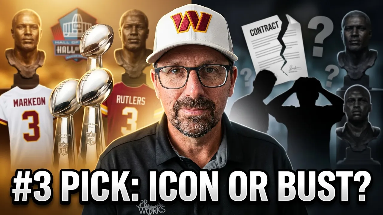 NFL Draft #3 Pick: Icon or Bust? video thumbnail for Pigskin Dispatch. Features guest Ed Kleese in a Washington Commanders hat with a split-screen background of Pro Football Hall of Fame busts and torn player contracts. Professional media design for historical draft analysis and NFL scouting research.