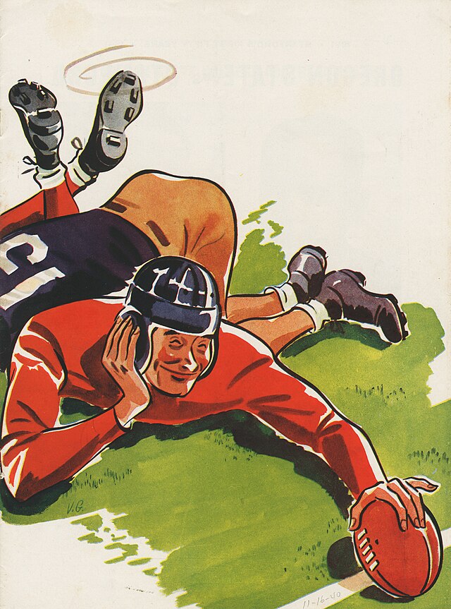 Vintage 1940 Stanford vs. Oregon State football program cover. Colorful illustration of a Stanford player in a red jersey and striped leather helmet pinning an opponent to the turf while holding the football on the goal line. Dated November 16, 1940, for historical Pac-12 sports research and Pigskin Dispatch archives.