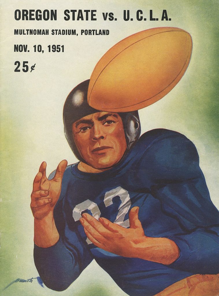 Vintage 1951 Oregon State vs. UCLA football program cover. Features a stylized illustration of a player in a blue #22 jersey catching a football at Multnomah Stadium, Portland. Dated November 10, 1951. A primary source for Red Sanders era research and Pacific Coast Conference history for Pigskin Dispatch archives