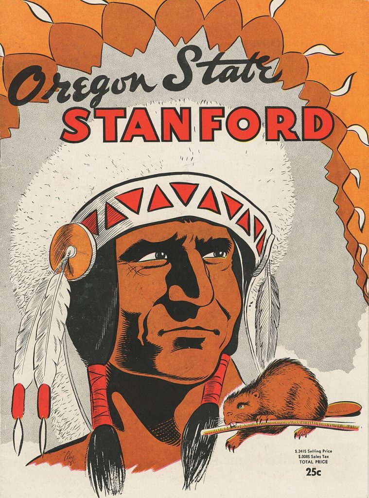 Color vintage atercolor Cover of the program for the football game between Oregon State College and Stanford University, Palo Alto, CA, Nov. 17, 1951. Giant Native American Chief.