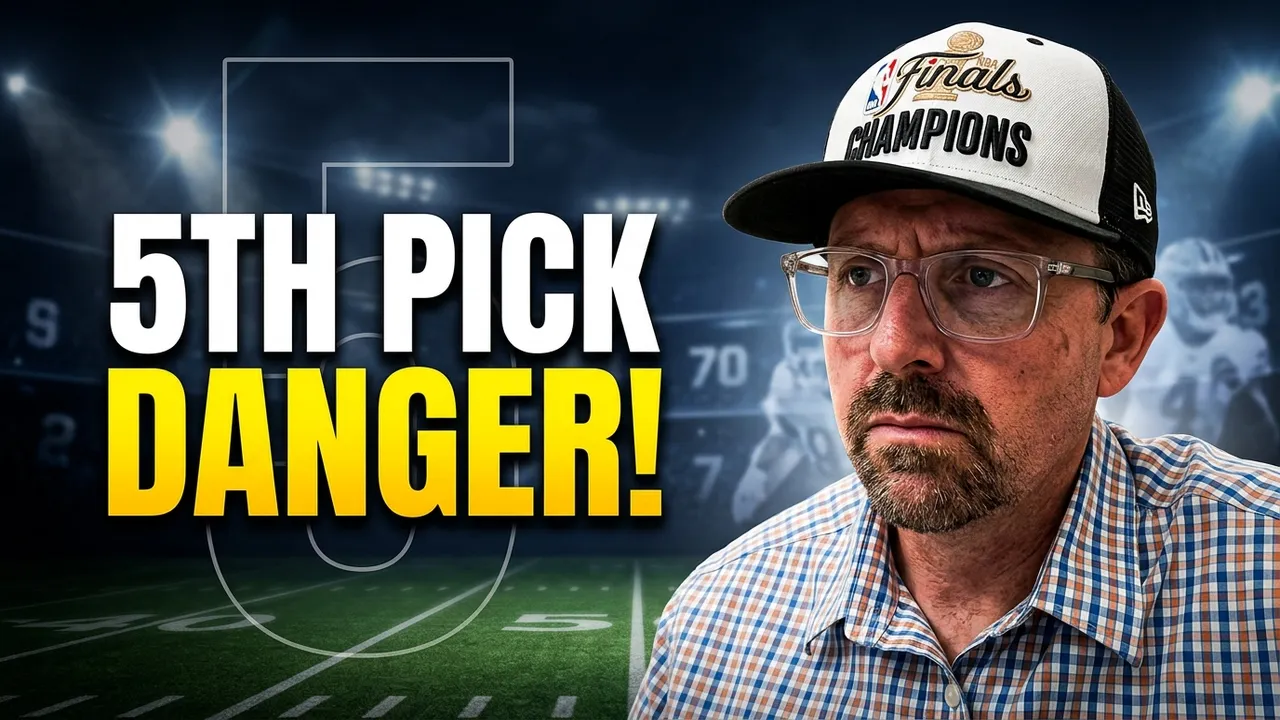 Color image of guest Ed Kleese with the NFL Draft sign background, motioning to text that says"5th Pick Danger"