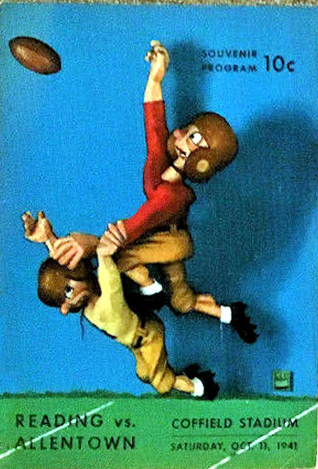 Option 1: Descriptive & Informative "A vibrant 10-cent souvenir program cover from Saturday, Oct. 11, 1941, for a game between Reading and Allentown at Coffield Stadium. The artwork features a unique, claymation-style depiction of two players: one in red jumping to catch a football, and another in yellow tackling him. Both wear classic brown leather helmets and tan pants. The background is a solid bright blue above a green field with white yard lines