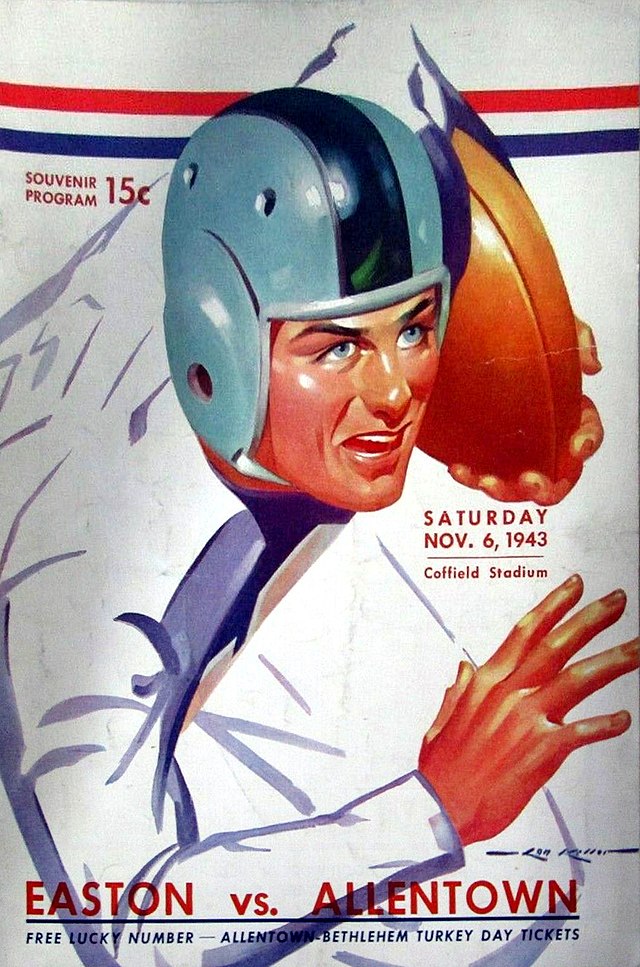 An illustrated 1943 football program cover for a game between Easton and Allentown. The artwork features a clean-shaven player in a white jersey and a grey leather helmet with a dark stripe, holding a football and looking ahead. The background includes red, white, and blue patriotic stripes at the top. Text identifies the game date as Saturday, Nov. 6, 1943, at Coffield Stadium, with a price of 15 cents. A banner at the bottom mentions 'FREE LUCKY NUMBER — ALLENTOWN-BETHLEHEM TURKEY DAY TICKETS'.