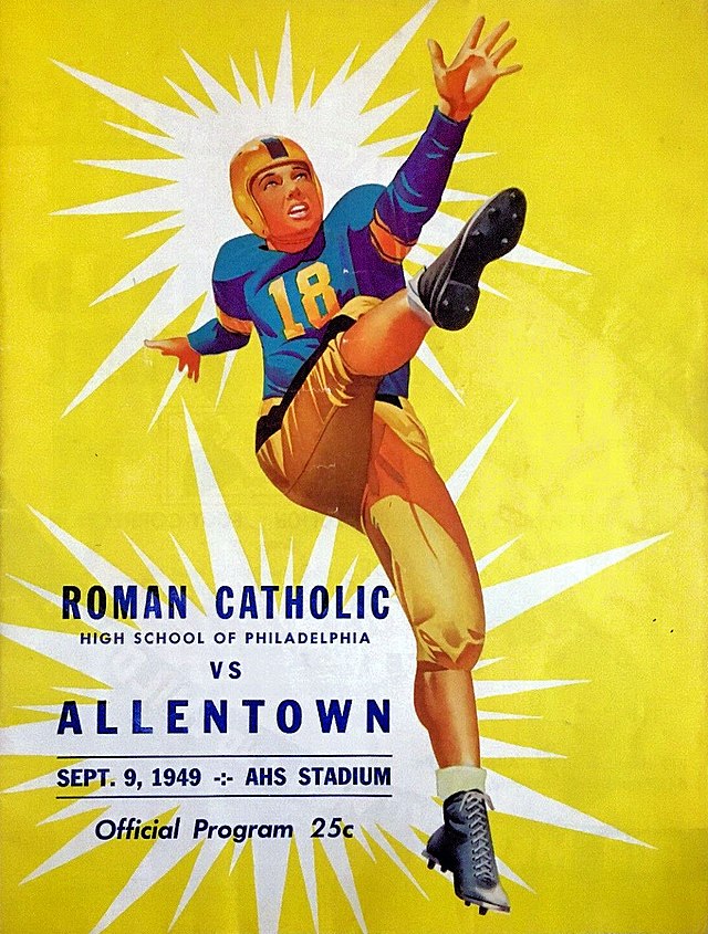 A bright yellow football program cover from September 9, 1949, for a game between Roman Catholic High School of Philadelphia and Allentown. The central illustration features a kicker in a blue and gold uniform with the number '18' on his chest, mid-kick with his leg extended toward the viewer. The background features a large, white jagged starburst. The text at the bottom identifies the teams, the date, and the venue as 'AHS STADIUM' (Allentown High School Stadium), with a price of '25c'.