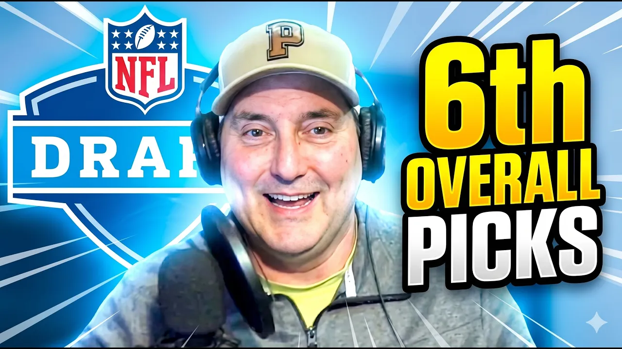 Color image of Host Darin Hayes with the NFL Draft sign background, motioning to text that says"6th Overall Pick"