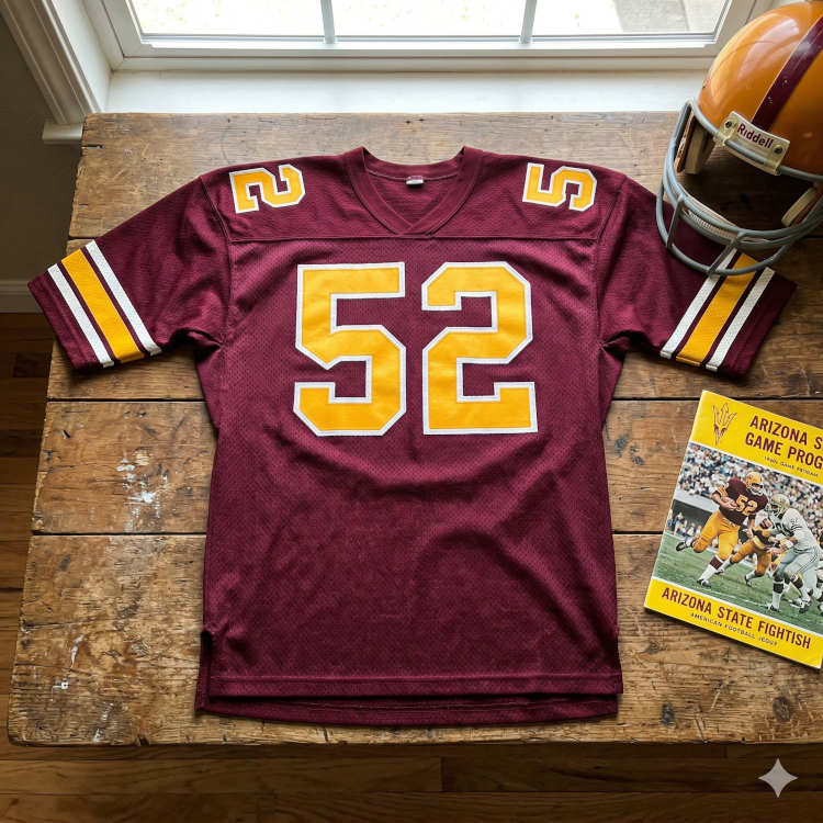A maroon Arizona State football jersey with the number '52' in large gold block letters with a white outline. The jersey is laid flat on a rustic wooden table, flanked by a gold Riddell helmet with a maroon stripe and a 1960s-era Arizona State game program. The program cover shows a player in a gold jersey with maroon numbers, adding a nice 'home vs. away' contrast to the display.