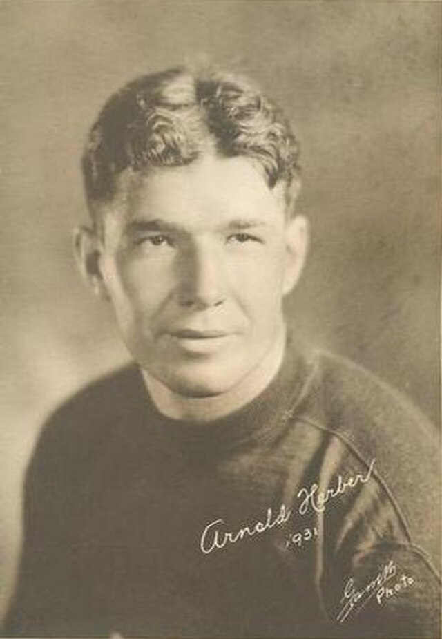 A sepia-toned archival portrait of Arnie Herber from 1931. The head-and-shoulders photograph shows a young man with wavy, light-colored hair wearing a dark, long-sleeved wool jersey with reinforced stitching on the shoulders. A white cursive signature reads 'Arnold Herber 1931' across the lower right, with a photographer's mark 'Gannett Photo' at the bottom corner.