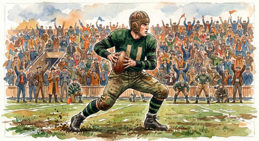 a water color image of a 1920s American football player wearing a green colored jersey with black friction stripes and a rudimentary leather helmet of the 1920s era on his head in a football pose with a cheering stadium crowd in the background