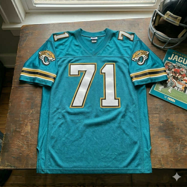 Vintage Jacksonville Jaguars #71 Tony Boselli jersey. Teal mesh with white and gold outlined block numbers and 'Prowler' sleeve logo. Features 1990s Jaguars program and black Riddell helmet for historical NFL draft and expansion research for Pigskin Dispatch archives