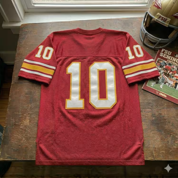 Vintage Florida State Seminoles #10 football jersey. Garnet mesh with white and gold block numbers, 1960s FSU game program, and gold Seminoles helmet for historical ACC sports research and Pigskin Dispatch archives.
