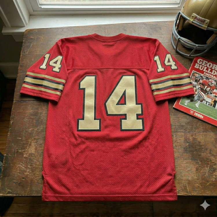 Vintage Georgia Bulldogs #14 football jersey. Red mesh with gold-tinted black-outlined block numbers, 1980s Georgia game program, and gold Riddell helmet for historical SEC sports research and Pigskin Dispatch archives.
