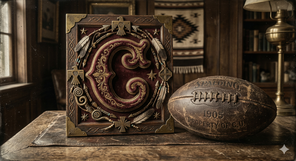 An ornate, Victorian-style maroon letter "C" on a wooden plaque, surrounded by Native American symbols like thunderbirds and arrows, next to a weathered leather football from 1905 in a dimly lit study.