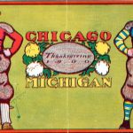 Vintage 1900 Chicago vs. Michigan Thanksgiving Day football program cover. Colorful turn-of-the-century illustration of two football players in high-collar woolen sweaters holding leather footballs. A primary source for Amos Alonzo Stagg era research and Pigskin Dispatch archives.