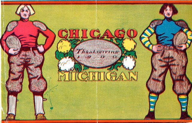 Vintage 1900 Chicago vs. Michigan Thanksgiving Day football program cover. Colorful turn-of-the-century illustration of two football players in high-collar woolen sweaters holding leather footballs. A primary source for Amos Alonzo Stagg era research and Pigskin Dispatch archives.