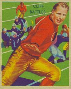 Color water color sketched footballtrading card of A football card of Cliff Battles from the 1935 National Chicle Football set.