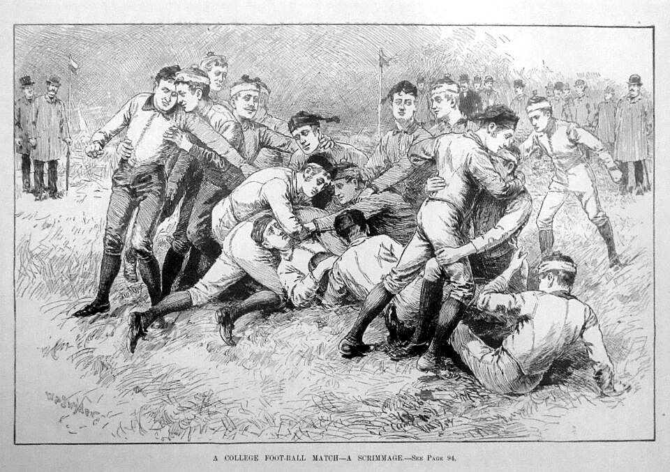 vintage black and white sketch depiction of an 1885 era American football scrimmage play.