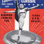 Vintage 1942 Cotton Bowl Classic football program cover. Patriotic red, white, and blue design featuring a stylized illustration of a punter over an aerial view of the Cotton Bowl stadium. Dated January 1, 1942, for the Alabama vs. Texas A&M matchup for Pigskin Dispatch archives.
