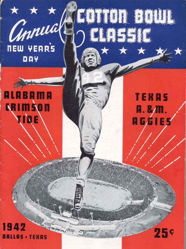 Vintage 1942 Cotton Bowl Classic football program cover. Patriotic red, white, and blue design featuring a stylized illustration of a punter over an aerial view of the Cotton Bowl stadium. Dated January 1, 1942, for the Alabama vs. Texas A&M matchup for Pigskin Dispatch archives.