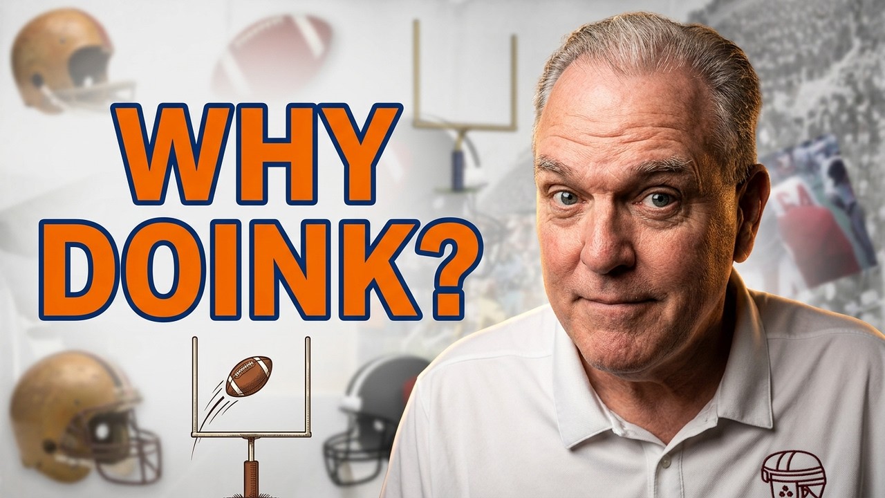 The graphic features a focused, slightly inquisitive-looking guest on the right side of the frame, wearing a white polo shirt with a vintage helmet logo. The central hook is the bold, orange and blue text: "WHY DOINK?" Behind the text, the background is a collage of football history, including vintage helmets, goalposts, and a smaller illustration of a football hitting a crossbar.