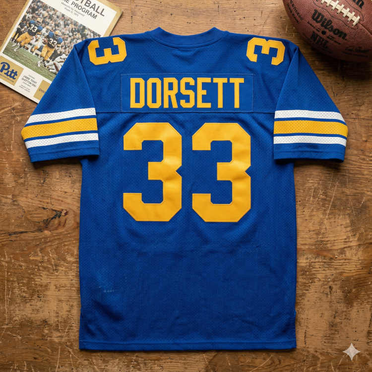 The center of the display features a royal blue, mesh jersey with the name DORSETT and the number 33 rendered in large, gold heat-pressed digits on the back. Matching gold "3" shoulder numbers are visible above three stripes (gold and white) on the sleeves. The jersey is laid flat on a rustic wooden table, accompanied by a 1970s Pitt vs. West Virginia game program and a classic Wilson "Duke" leather football.