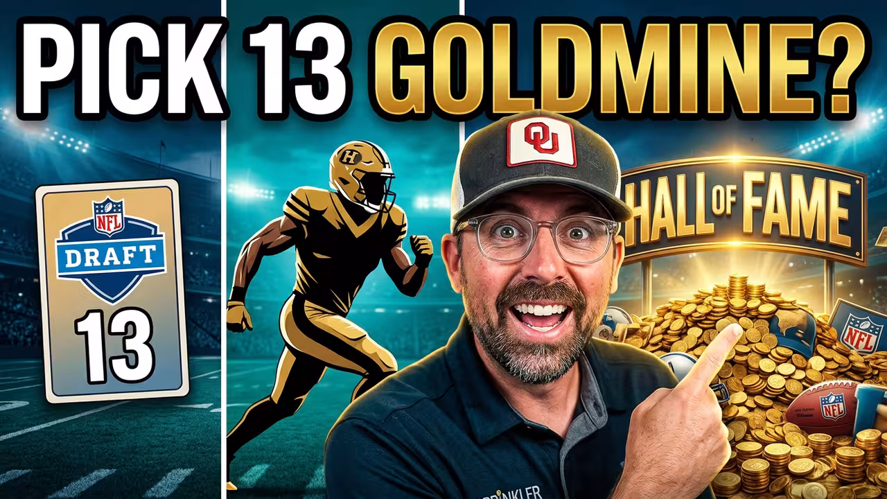 NFL Draft Pick 13 Goldmine thumbnail graphic for Pigskin Dispatch. Features host in an Oklahoma Sooners hat pointing toward a pile of gold coins and the Hall of Fame sign. Professional sports media design for historical NFL draft analysis.