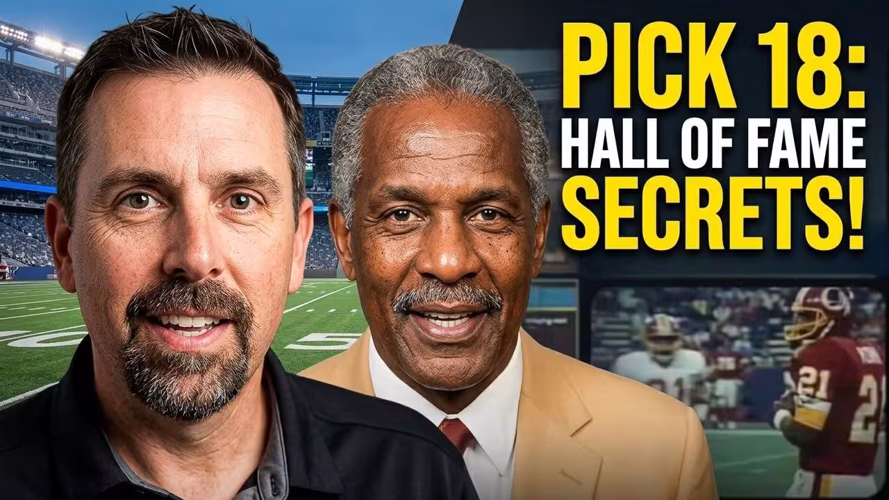 NFL Draft Pick 18 Hall of Fame Secrets thumbnail graphic for Pigskin Dispatch. Features host alongside Hall of Famer Art Monk in his gold jacket with Washington action shot. Professional sports media design for historical NFL draft analysis and collegiate sports history research.