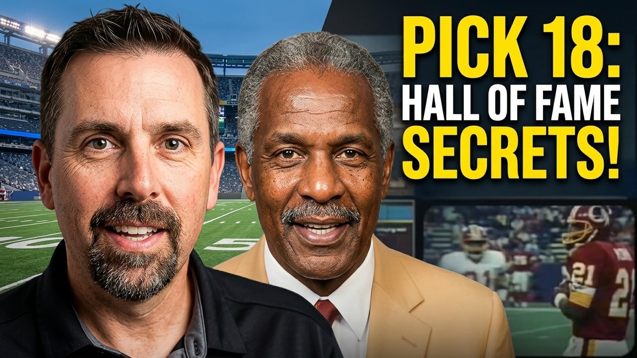 NFL Draft Pick 18 Hall of Fame Secrets thumbnail graphic for Pigskin Dispatch. Features host alongside Hall of Famer Art Monk in his gold jacket with Washington action shot. Professional sports media design for historical NFL draft analysis and collegiate sports history research.
