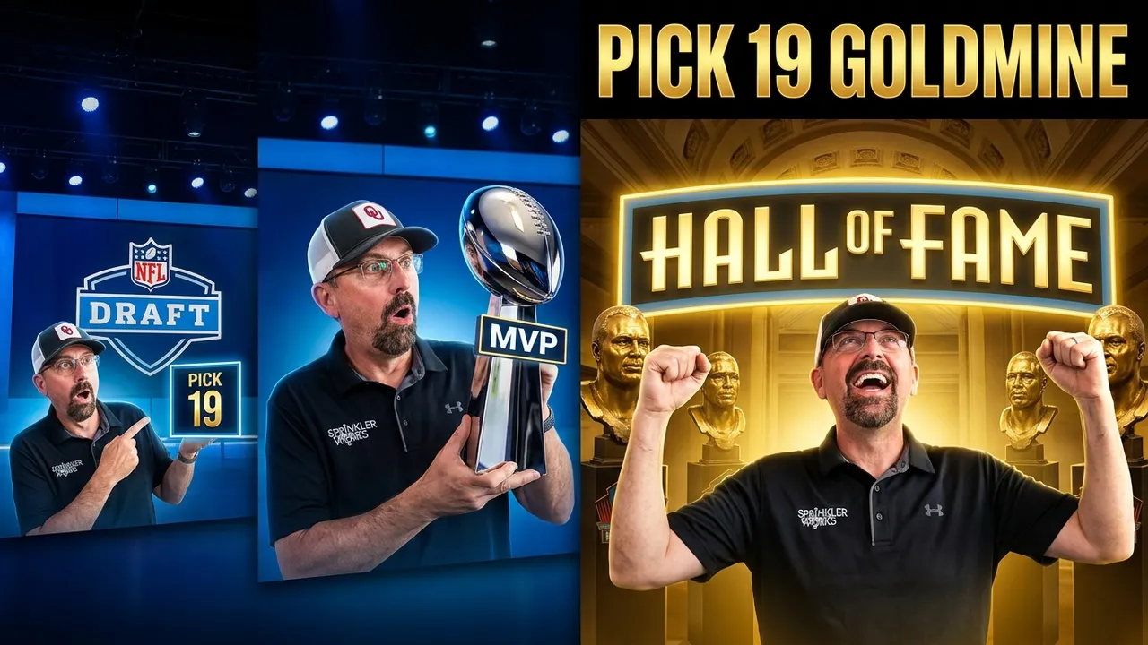 The image is split into three distinct vertical sections that tell a "Draft to Greatness" story: Left Panel: Guest Ed Kleese shown wearing an "OU" cap and a "Sprinkler Works" polo, pointing with a look of surprise at a blue digital sign that reads "PICK 19" under an NFL Draft logo. Center Panel: Ed is holding a large, chrome NFL MVP trophy with a black and gold "MVP" nameplate, maintaining an expression of awe. Right Panel: The main feature shows Edwith arms raised in victory in front of a glowing "HALL OF FAME" sign. You are flanked by bronze busts of legendary players, with the gold header "PICK 19 GOLDMINE" anchoring the top of the frame.