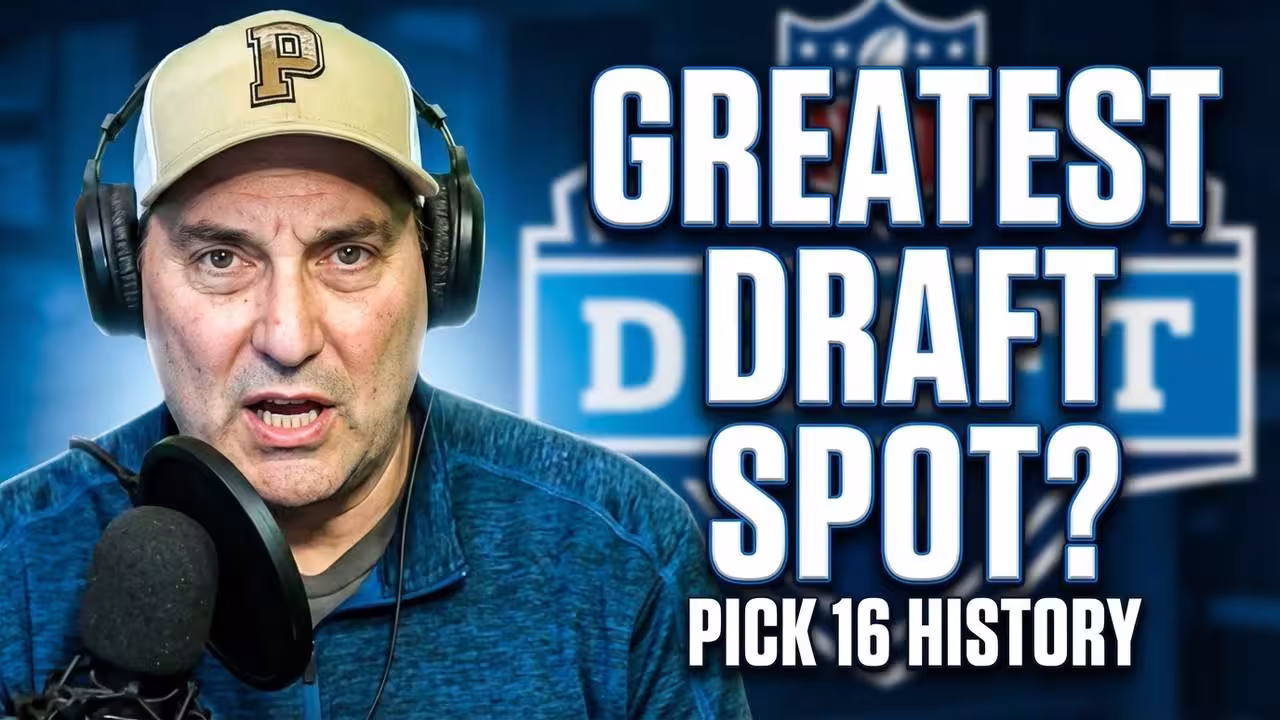 The graphic features a focused, mid-yelling shot of a host (distinct from the "Pick 17-19" host) wearing a tan Pigskin Dispatch cap and professional headphones with a microphone. The background is dominated by a blurred, glowing blue NFL Draft logo. Bold white and blue text anchors the right side of the frame, asking: "GREATEST DRAFT SPOT?" with the sub-header "PICK 16 HISTORY" positioned below.