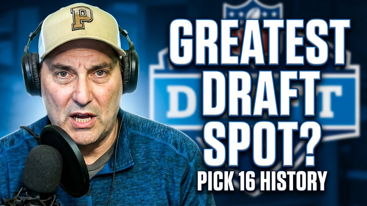 The graphic features a focused, mid-yelling shot of a host (distinct from the "Pick 17-19" host) wearing a tan Pigskin Dispatch cap and professional headphones with a microphone. The background is dominated by a blurred, glowing blue NFL Draft logo. Bold white and blue text anchors the right side of the frame, asking: "GREATEST DRAFT SPOT?" with the sub-header "PICK 16 HISTORY" positioned below.