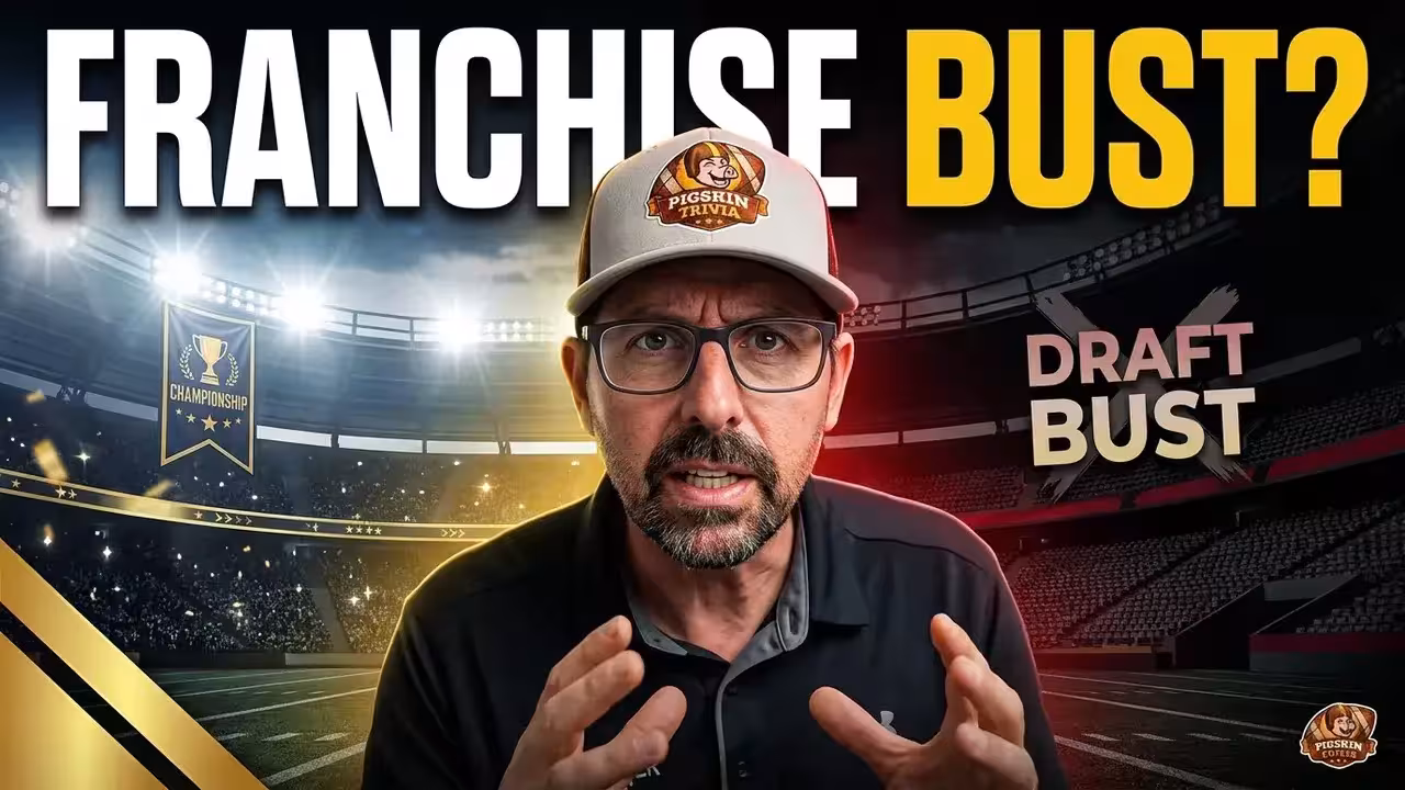 NFL Draft #1 Pick: Franchise Bust? video thumbnail for Pigskin Dispatch. Features guest Ed Kleese in a Pigskin Trivia Drive hat with a split-screen background of Pro Football Hall of Fame busts and torn player contracts. Professional media design for historical draft analysis and NFL scouting research.