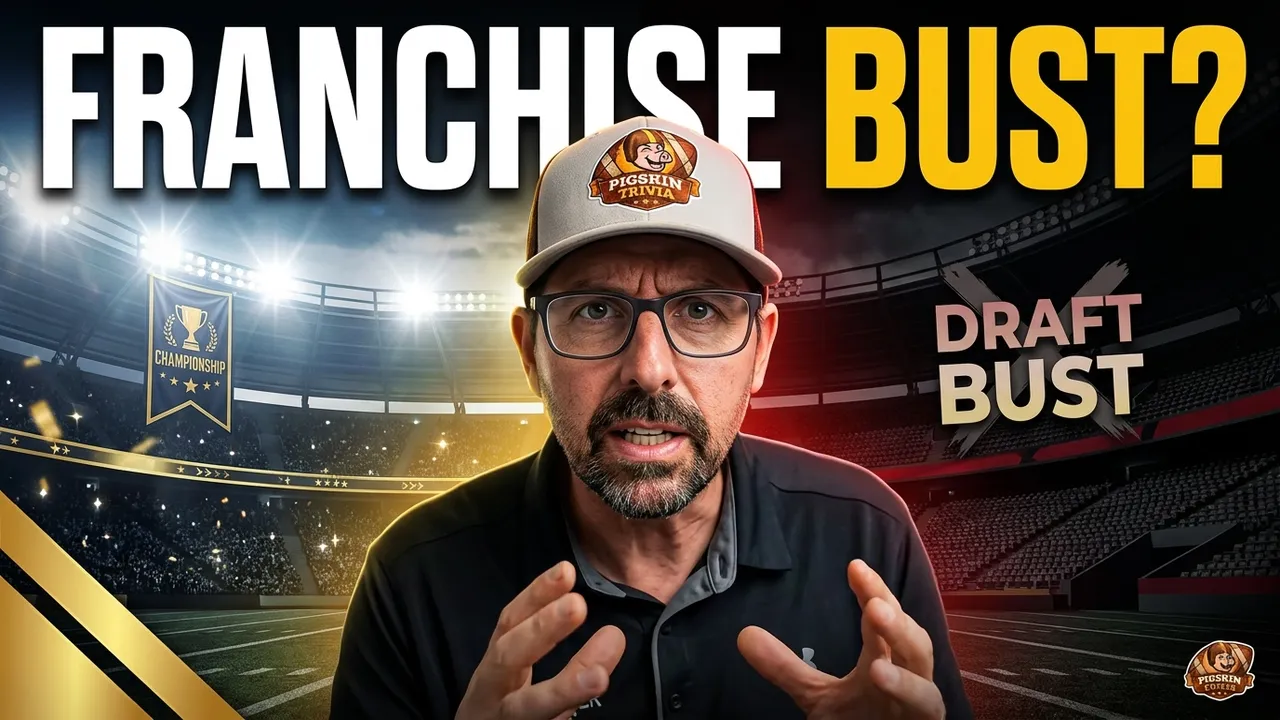 NFL Draft #1 Pick: Franchise Bust? video thumbnail for Pigskin Dispatch. Features guest Ed Kleese in a Pigskin Trivia Drive hat with a split-screen background of Pro Football Hall of Fame busts and torn player contracts. Professional media design for historical draft analysis and NFL scouting research.